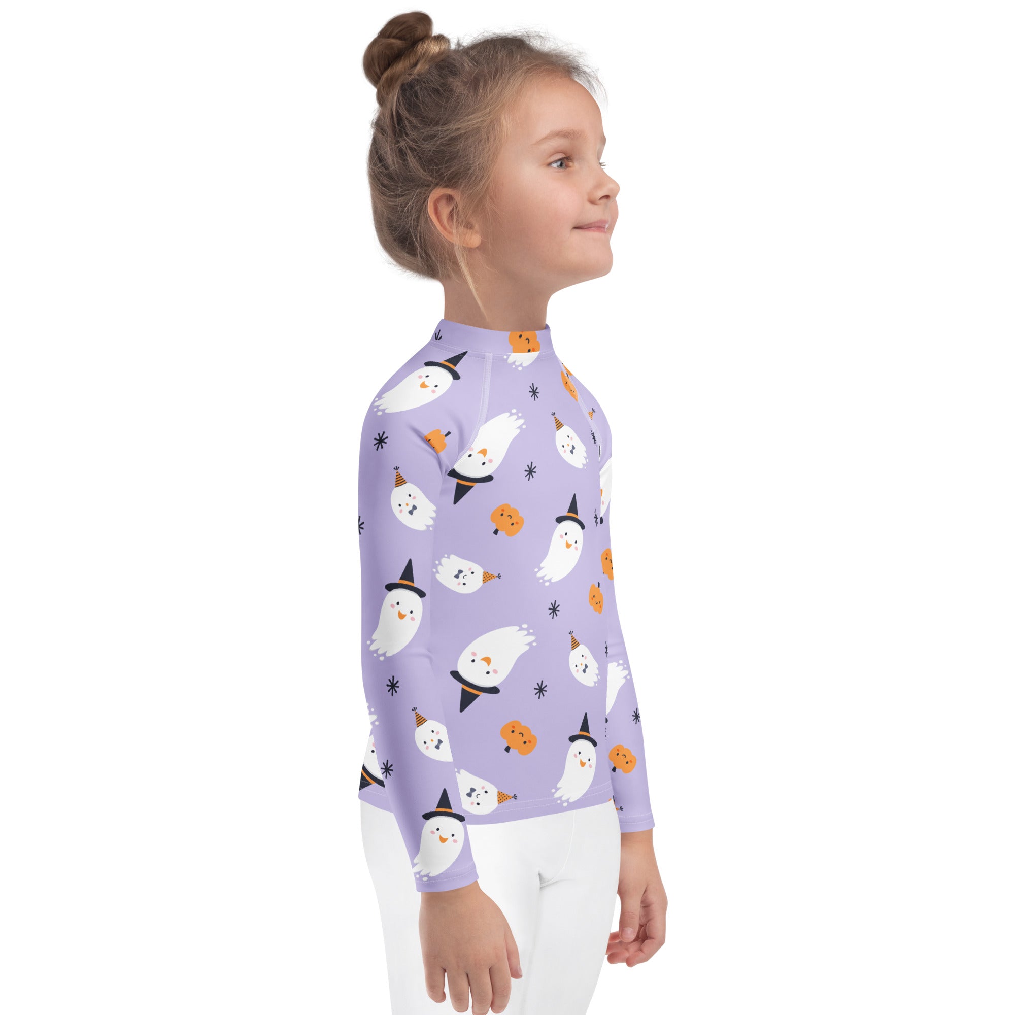 Girls ghost witch long sleeve rash guard swim shirt in lavender with white ghosts black hats and orange pumpkins pattern