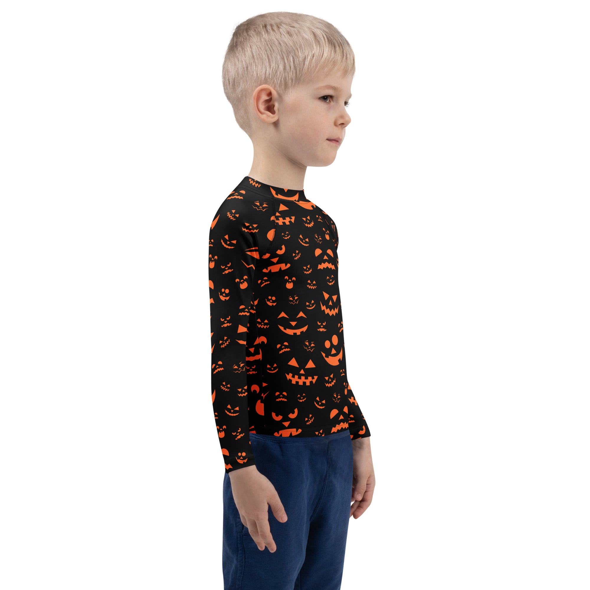 Kids orange jack-o-lantern faces halloween long sleeve rash guard swim shirt with upf 50 plus in black