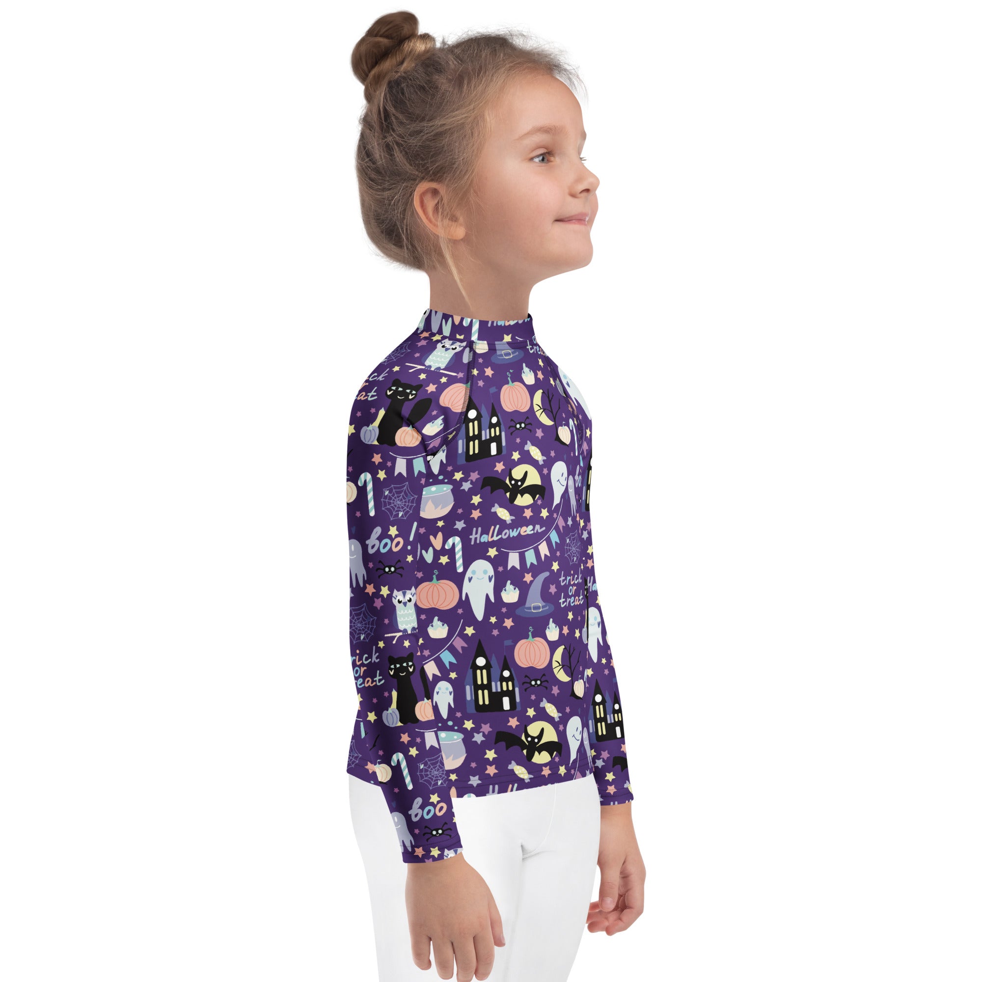 Kids spooky halloween long sleeve rash guard swim shirt in purple with black cats pumpkins and haunted houses print