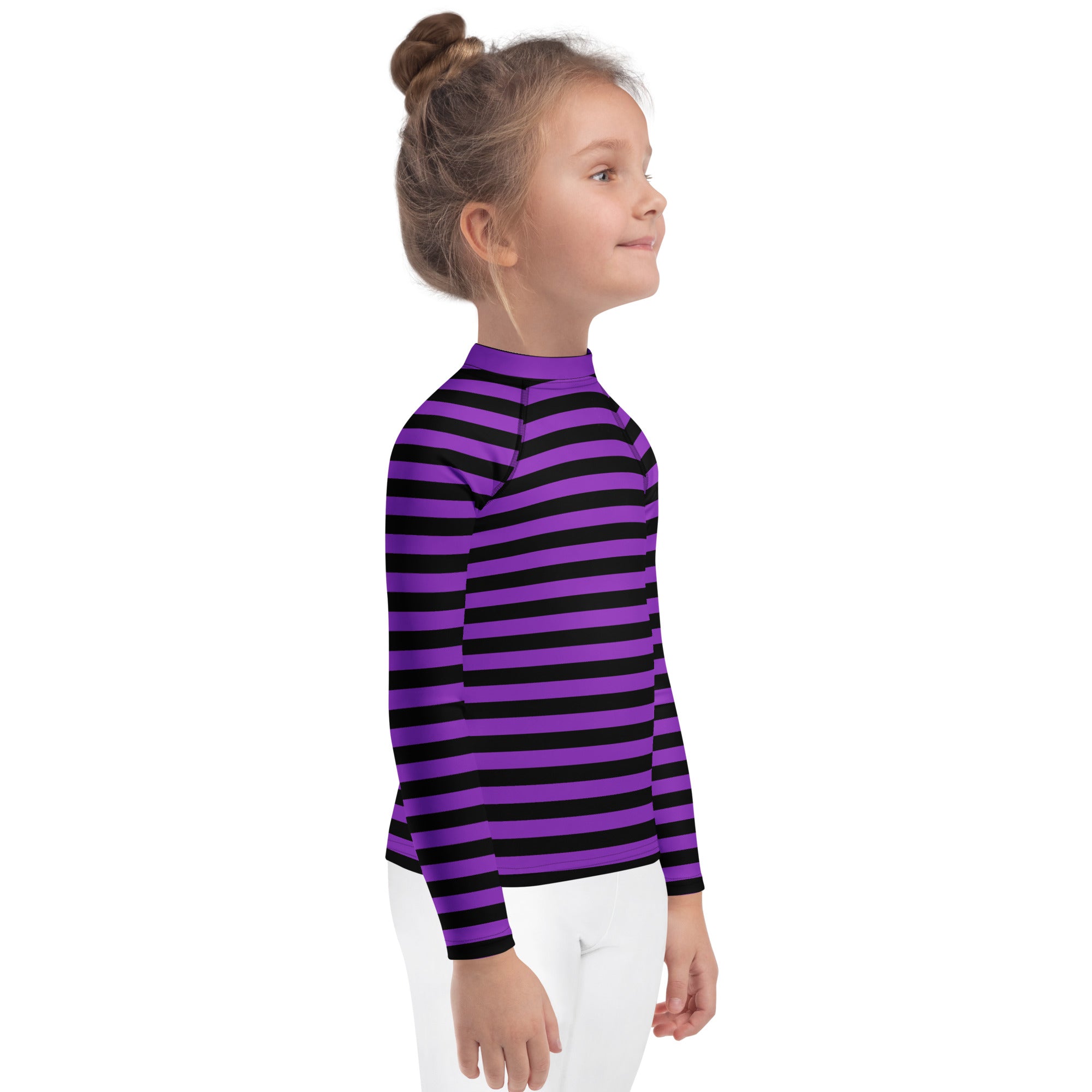 Kids purple and black horizontally striped long sleeve rash guard swim shirt with upf 50 plus for halloween