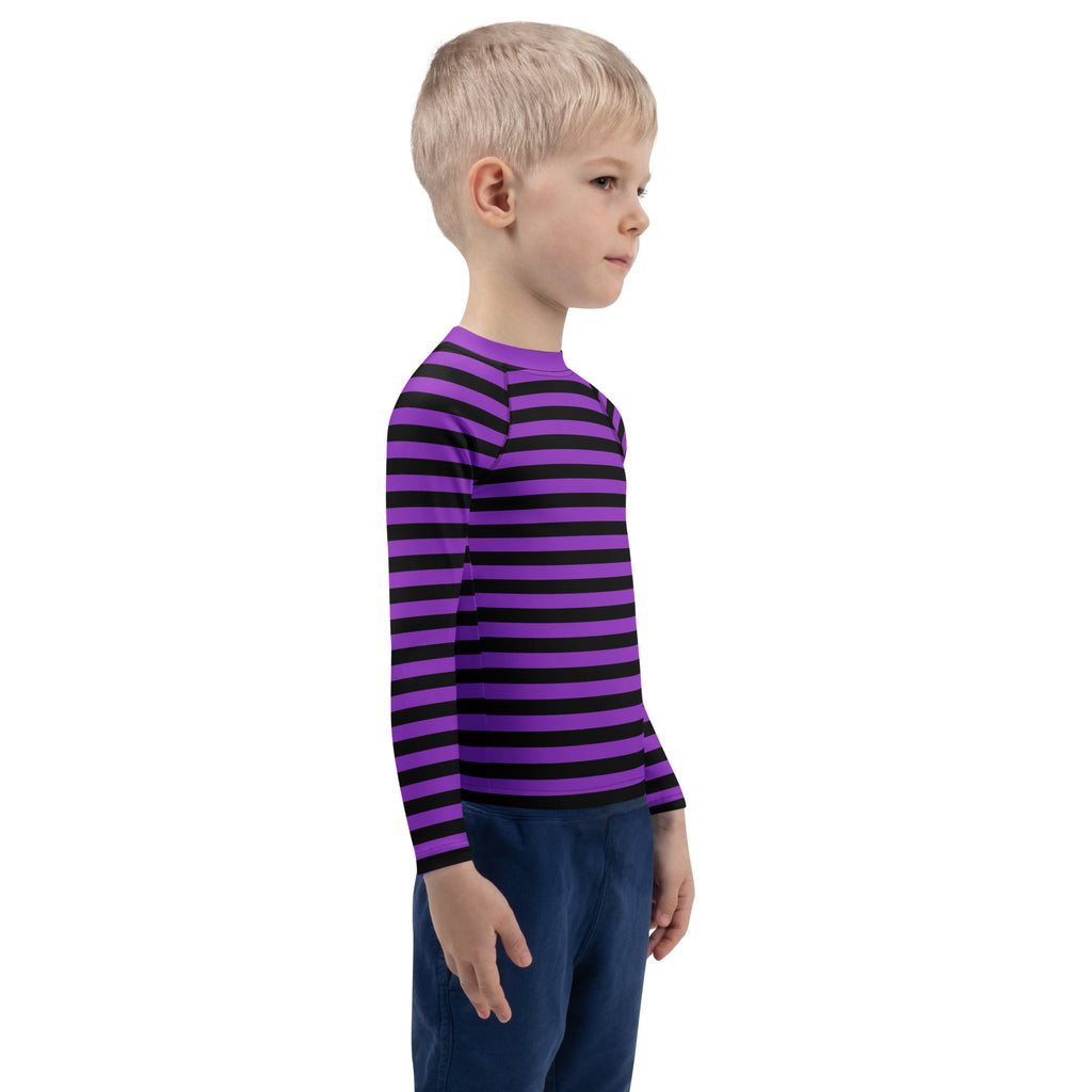 Kids purple and black horizontally striped long sleeve rash guard swim shirt with upf 50 plus for halloween