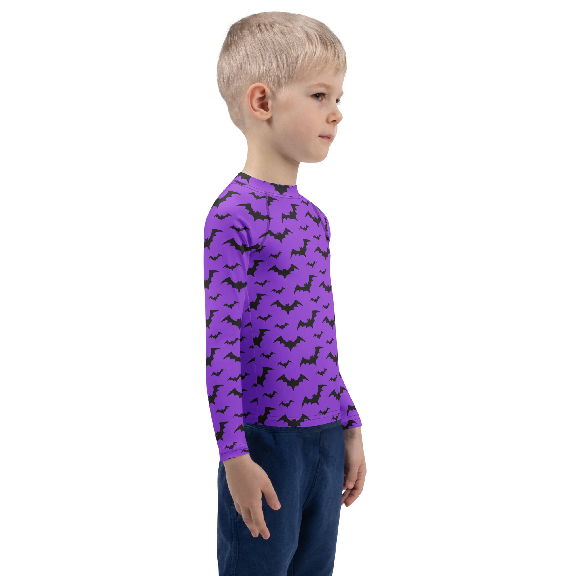 Kids purple long sleeve rash guard swim shirt with black bat pattern and upf 50 plus for halloween protection