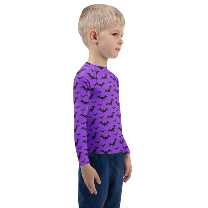 Kids Purple Bats Halloween Long Sleeve Rash Guard Swim Shirt With UPF 50+