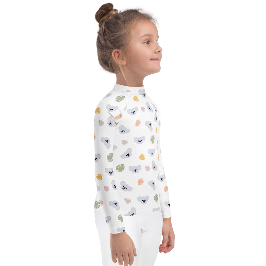 Kids koala bear long sleeve rash guard swim shirt with upf 50 plus featuring white fabric and colorful koala pattern