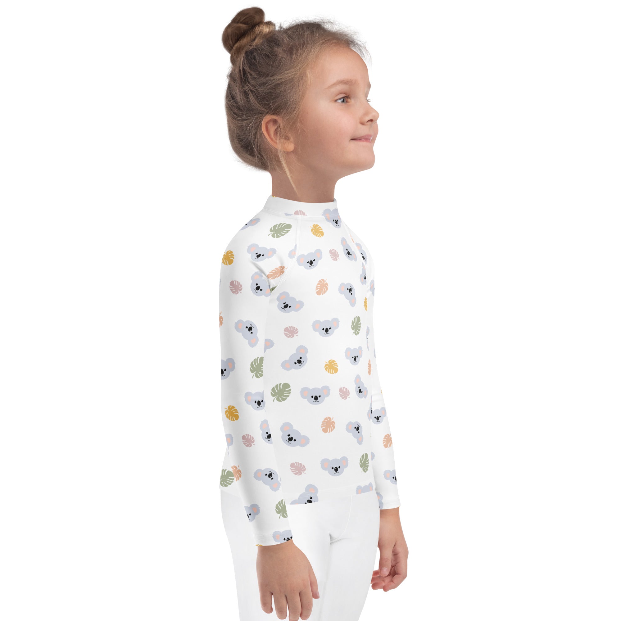 Kids koala bear long sleeve rash guard swim shirt with upf 50 plus featuring white fabric and colorful koala pattern