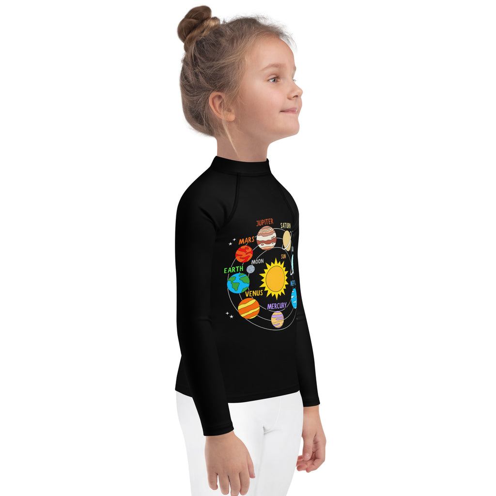 Black long-sleeved rash guard with colorful cartoon solar system design and labeled planets for kids swimwear with UPF 50+