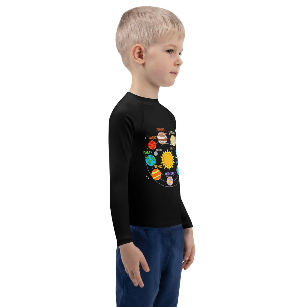 Black long sleeve kids rash guard swim shirt with colorful labeled solar system planets and upf 50 plus protection
