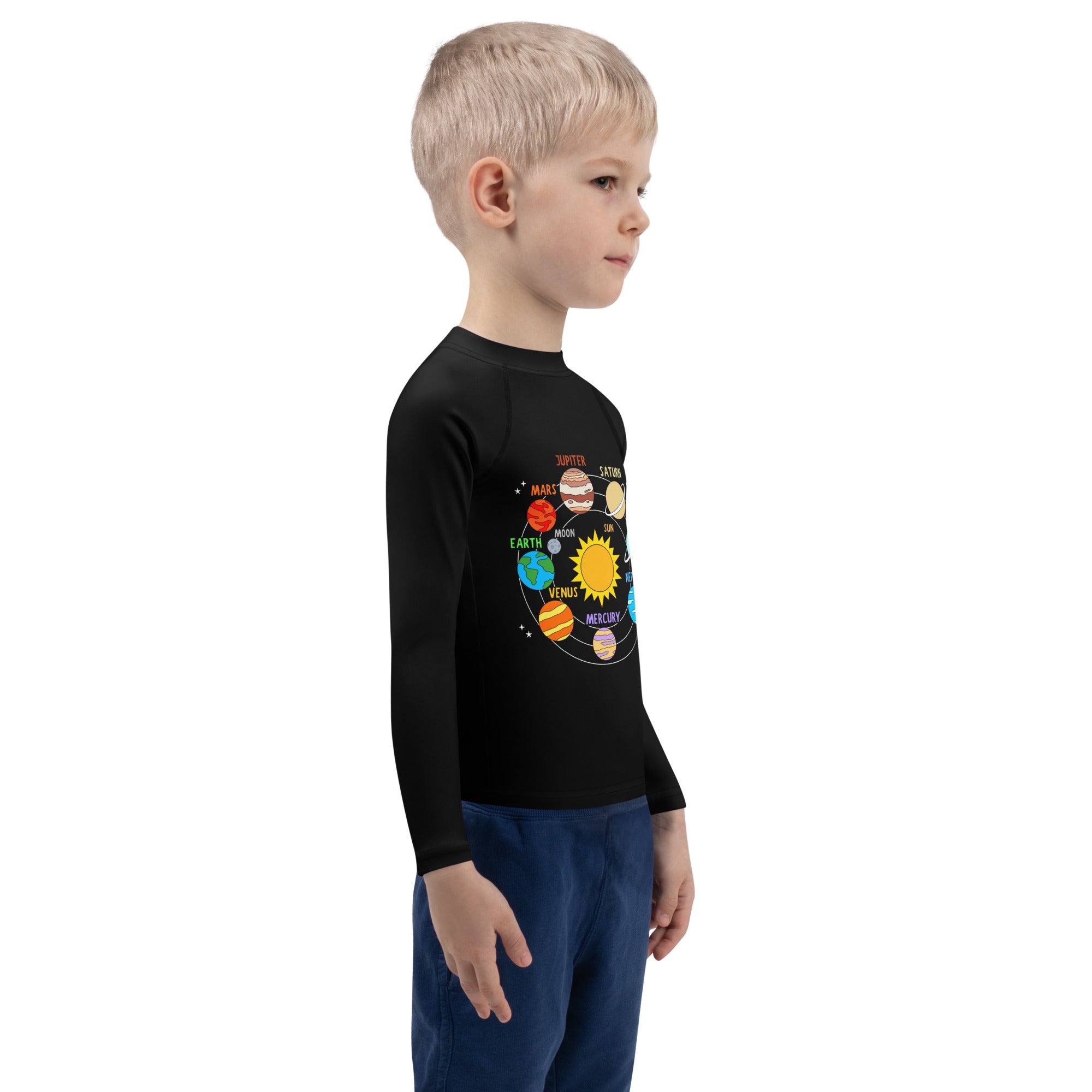 Black long sleeve kids rash guard swim shirt with colorful labeled solar system planets and upf 50 plus protection