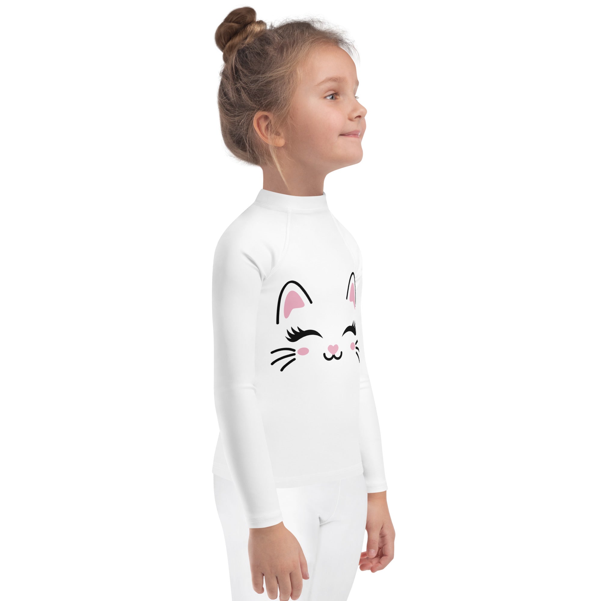 Girls Cute Cat Long Sleeve Rash Guard Swim Shirt With UPF 50+