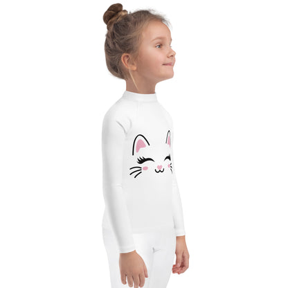 Girls Cute Cat Long Sleeve Rash Guard Swim Shirt With UPF 50+