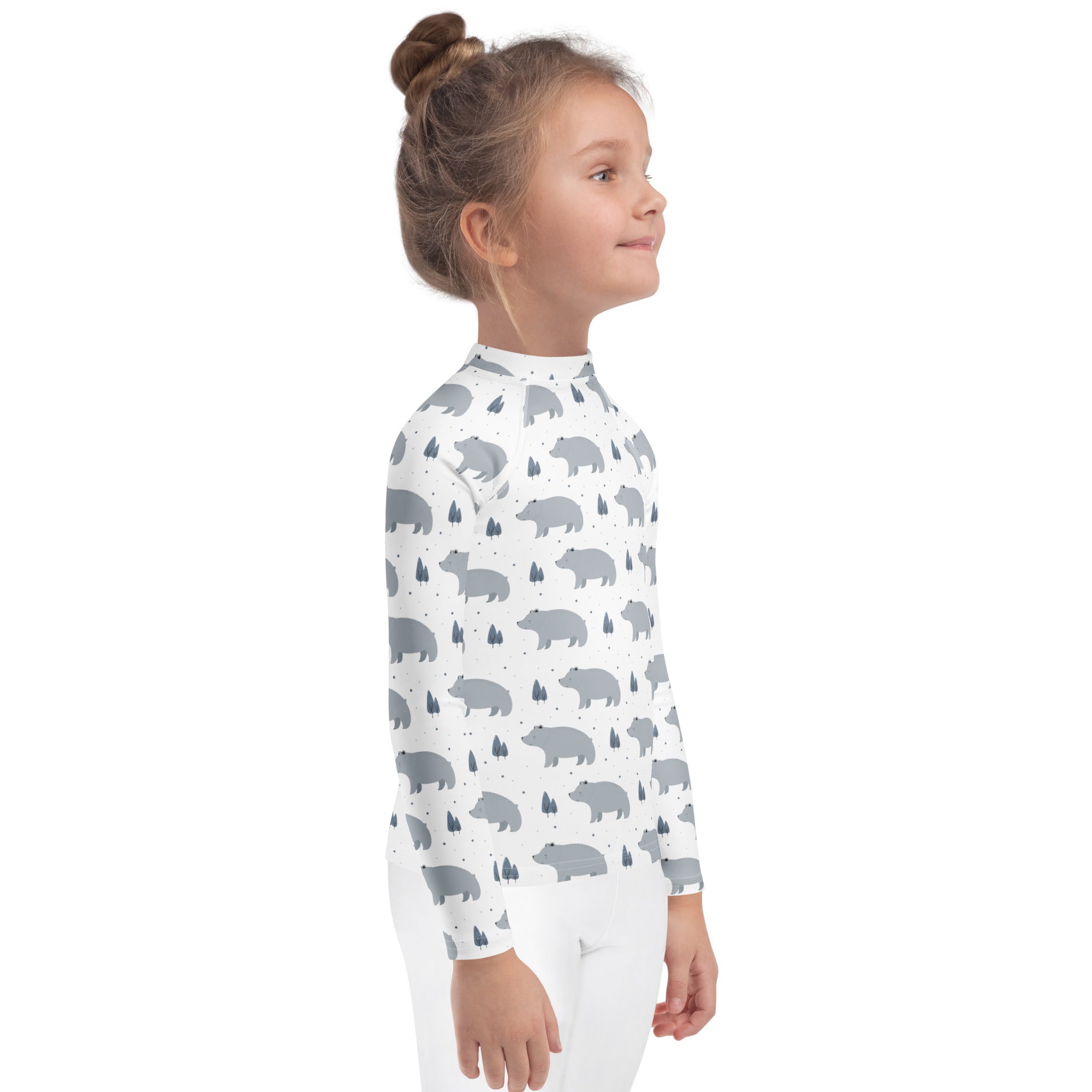 Kids polar bear long sleeve rash guard swim shirt in white with gray bear and tree pattern and upf 50 protection