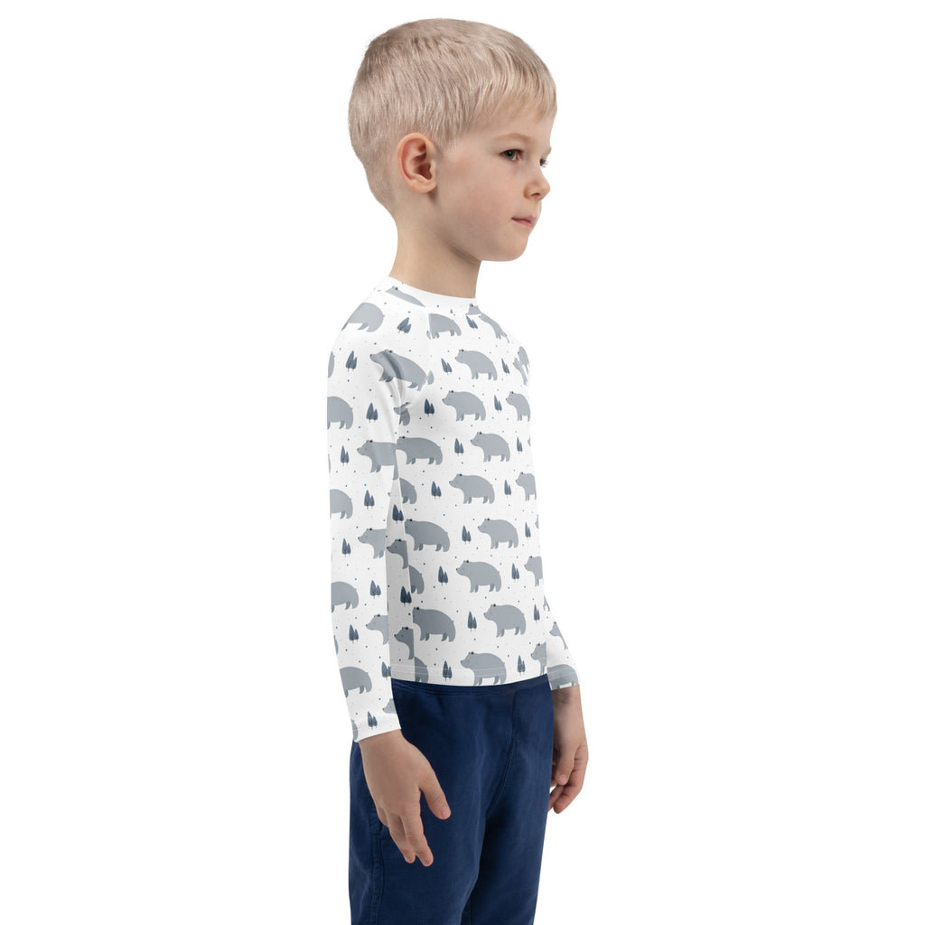 Kids polar bear long sleeve rash guard swim shirt in white with gray bear and tree pattern and upf 50 plus protection