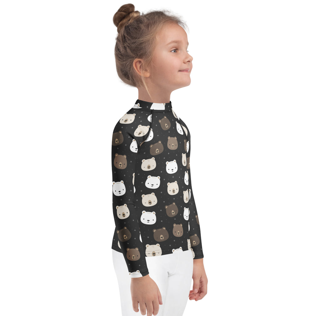 Black long-sleeved rash guard with playful white and brown bear faces pattern kids swim shirt with upf 50+ protection