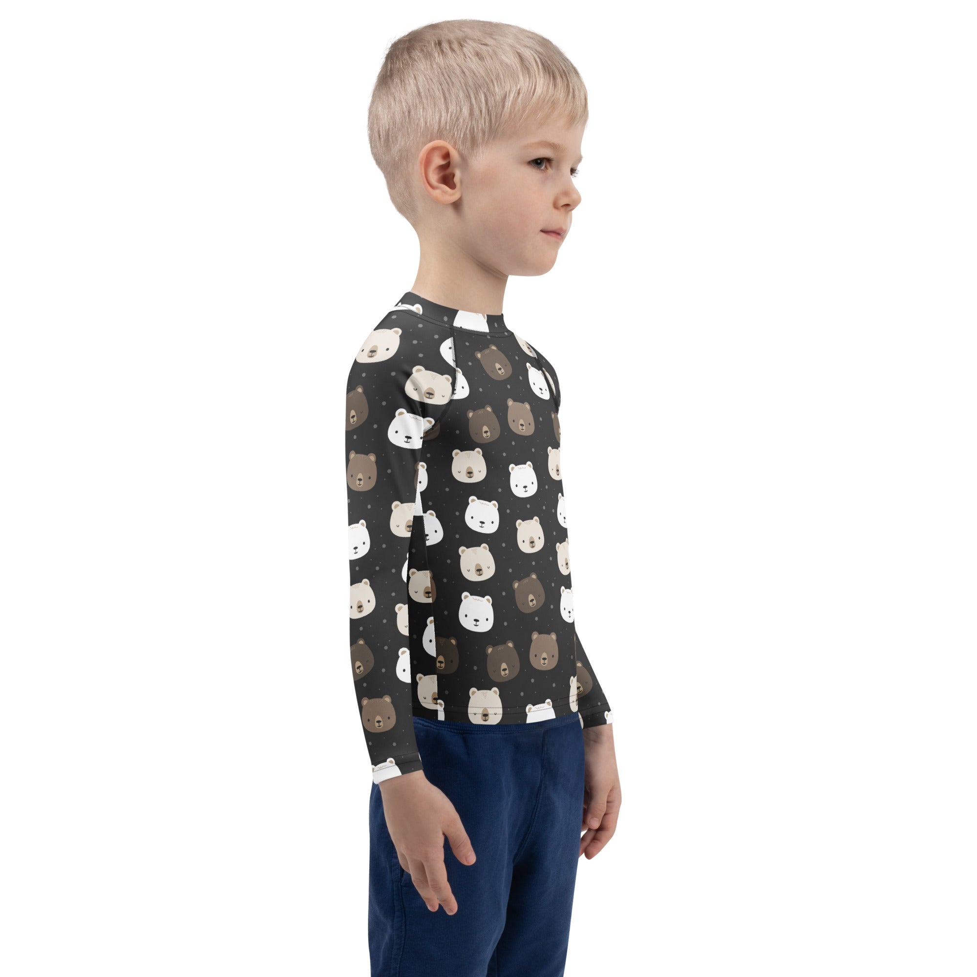 Black long-sleeved rash guard with white and brown bear faces pattern kids swim shirt with upf 50+ protection