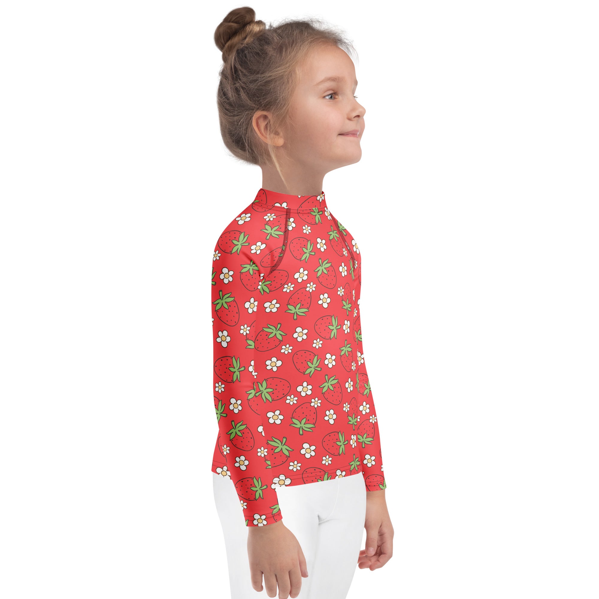 Kids red long sleeve rash guard swim shirt with strawberry and white flower pattern and upf 50 plus protection