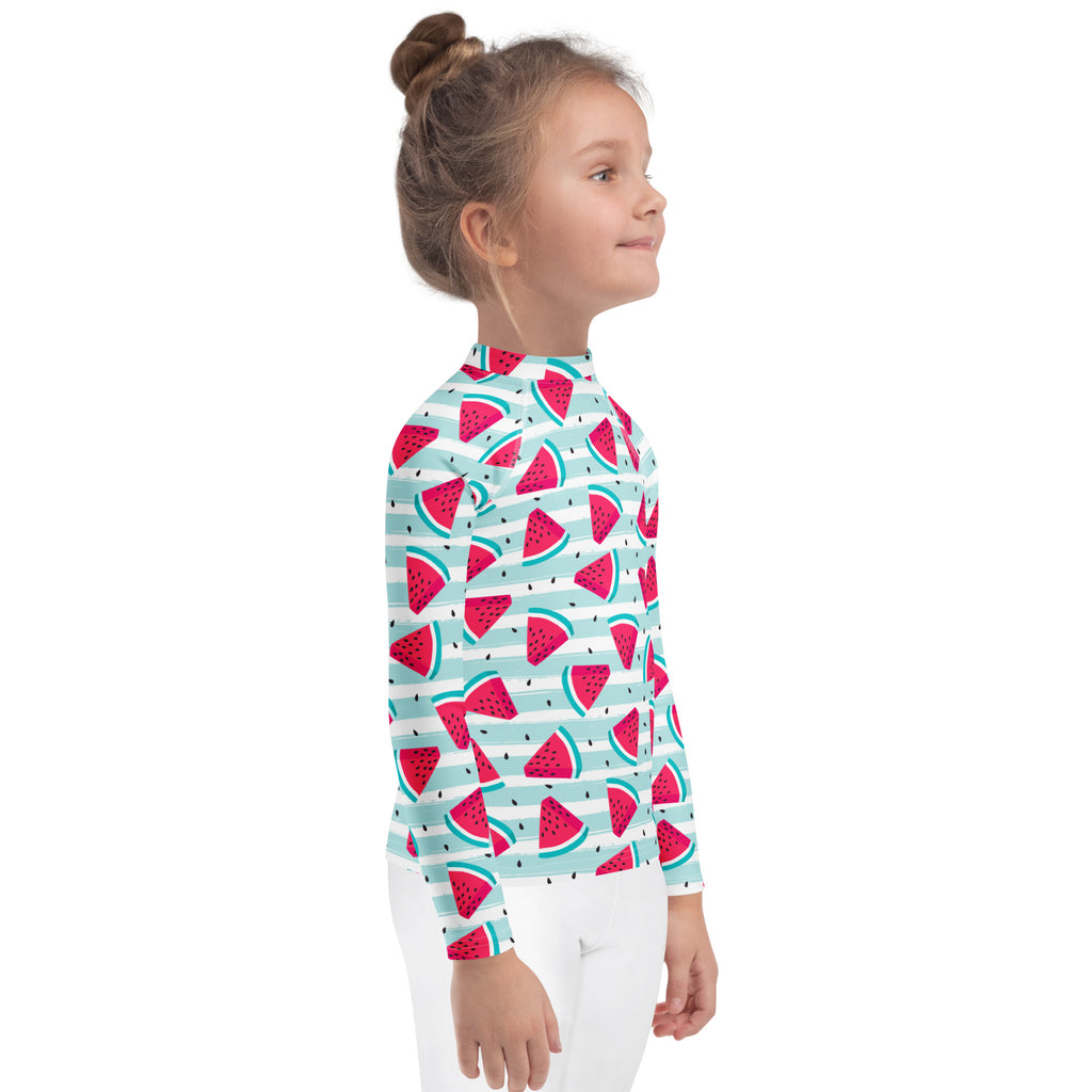 Kids striped watermelon long sleeve rash guard swim shirt with upf 50 plus featuring red slices on light blue white stripes