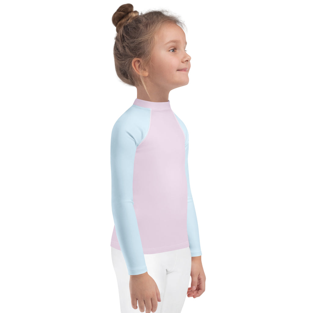 Girls pink and blue cotton candy long sleeve cotton rash guard swim shirt with upf 50+ and high collar