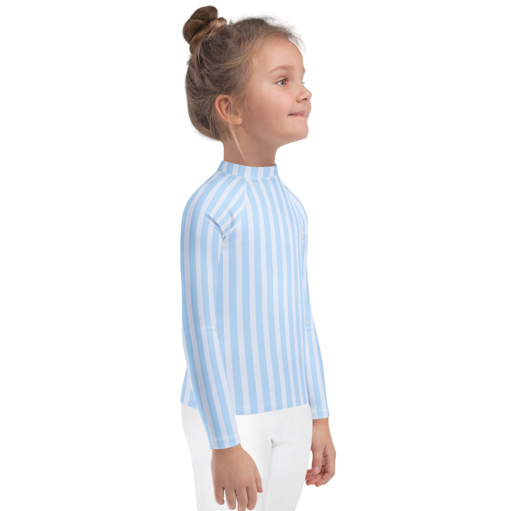 Kids blue striped long sleeve rash guard swim shirt with upf 50 plus featuring a light blue and white high collar design