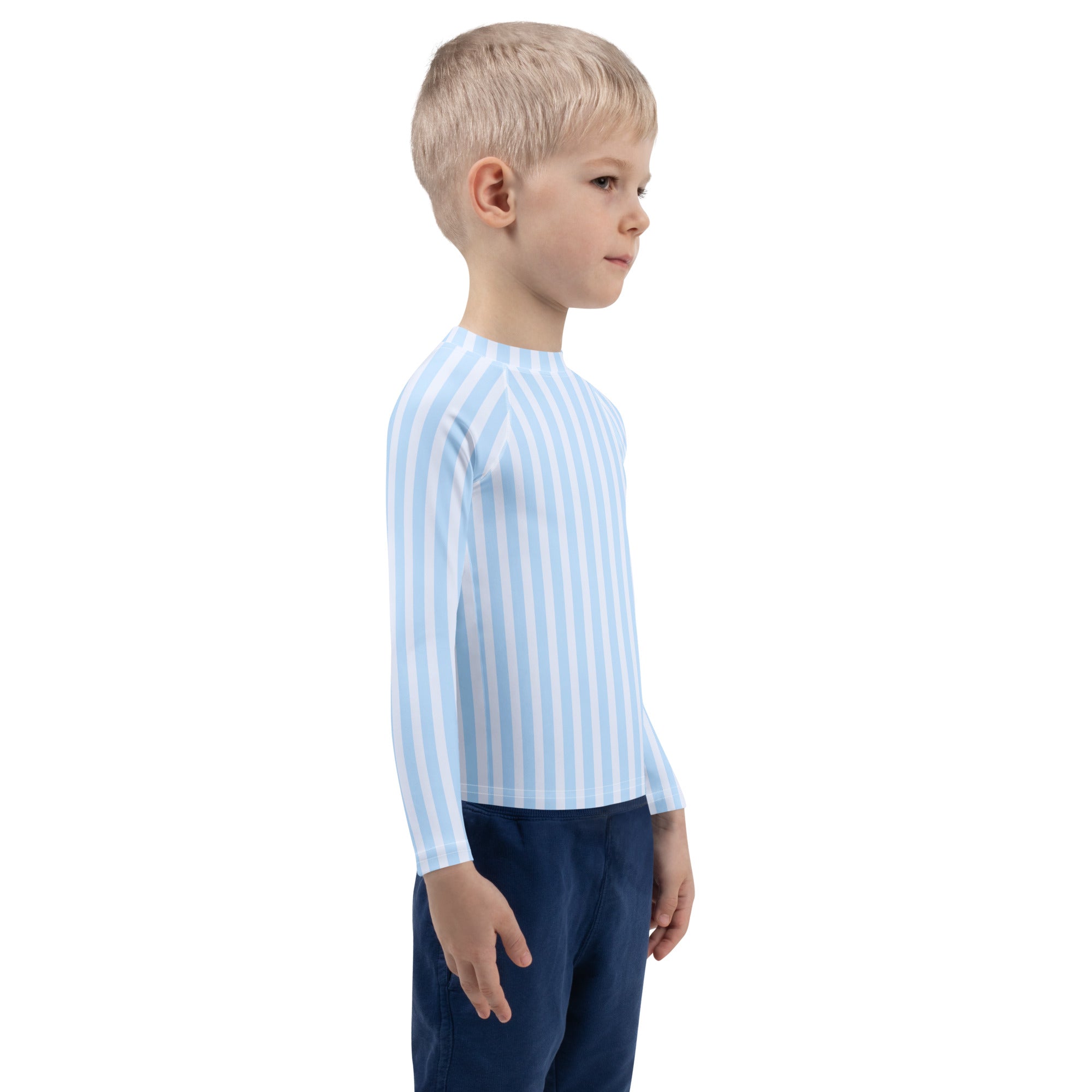 A child wearing a kids blue striped long sleeve rash guard swim shirt with upf 50 plus in light blue and white