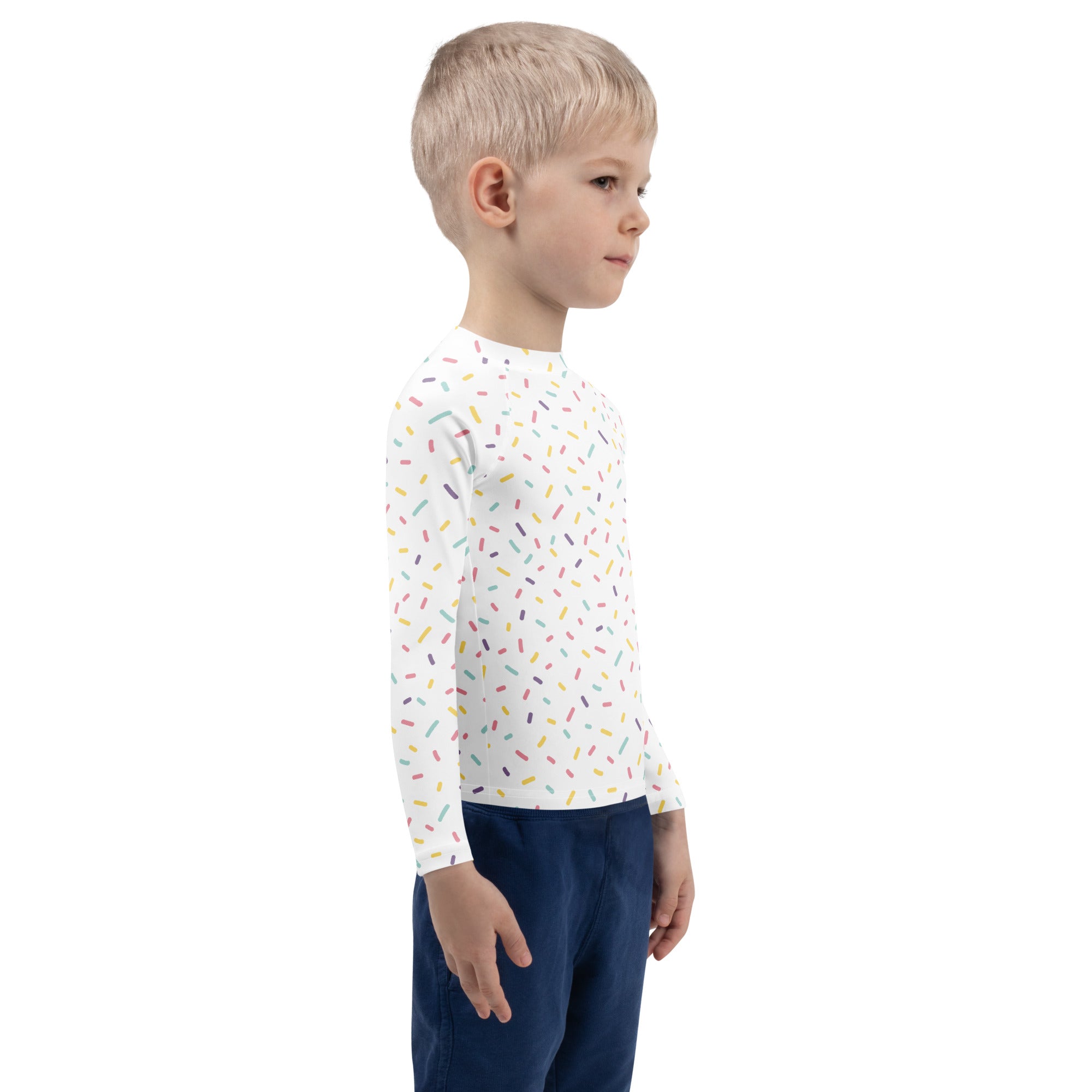 White long-sleeved kids rash guard swim shirt with colorful sprinkle pattern and upf 50 plus sun protection