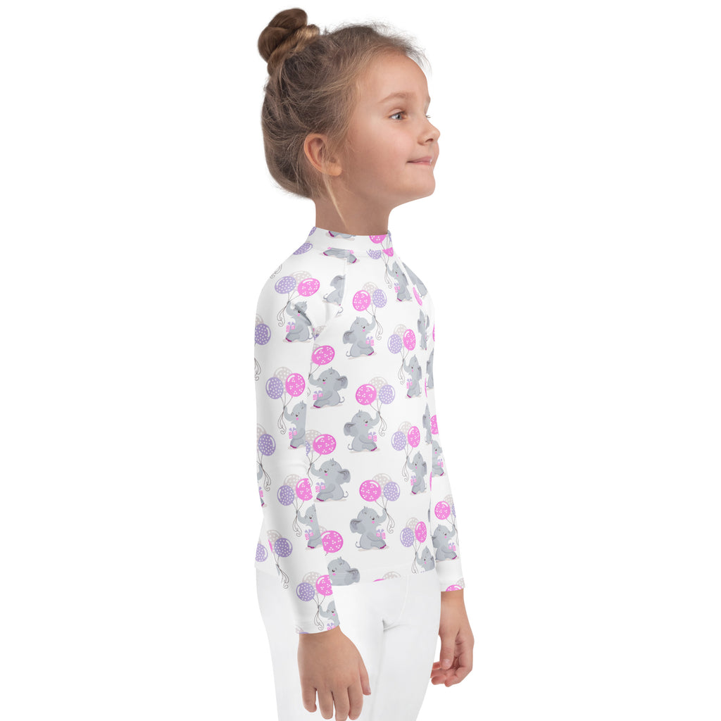 White long-sleeved rash guard swim shirt for girls with gray elephants holding pink and purple balloons with upf 50+