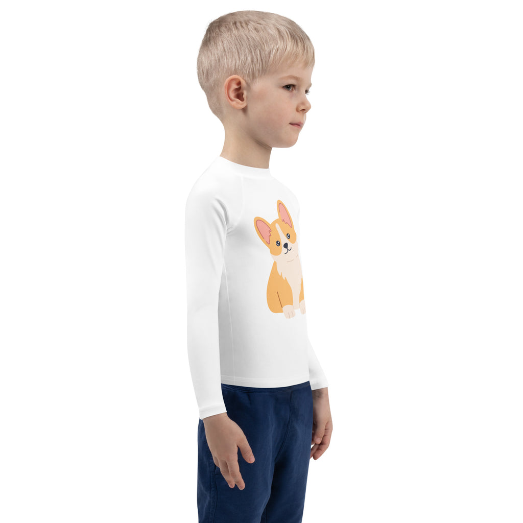 White long-sleeved kids rash guard swim shirt with cute orange and cream corgi design and upf 50 plus protection