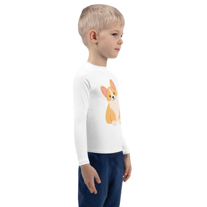 Kids Cute Corgi Dog Long Sleeve Rash Guard Swim Shirt With UPF 50+