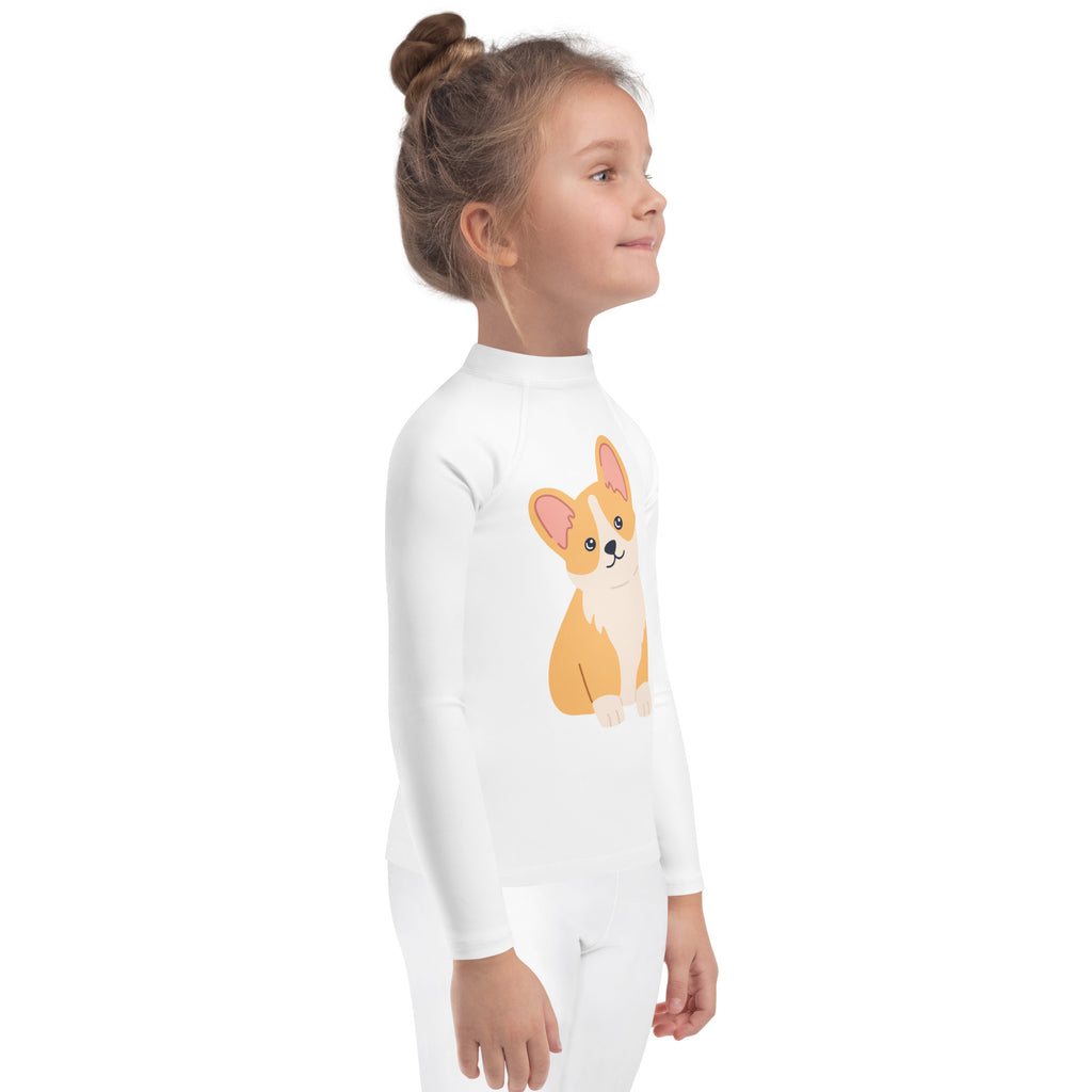 White long-sleeved kids rash guard swim shirt with cute orange and cream corgi design and upf 50+ protection