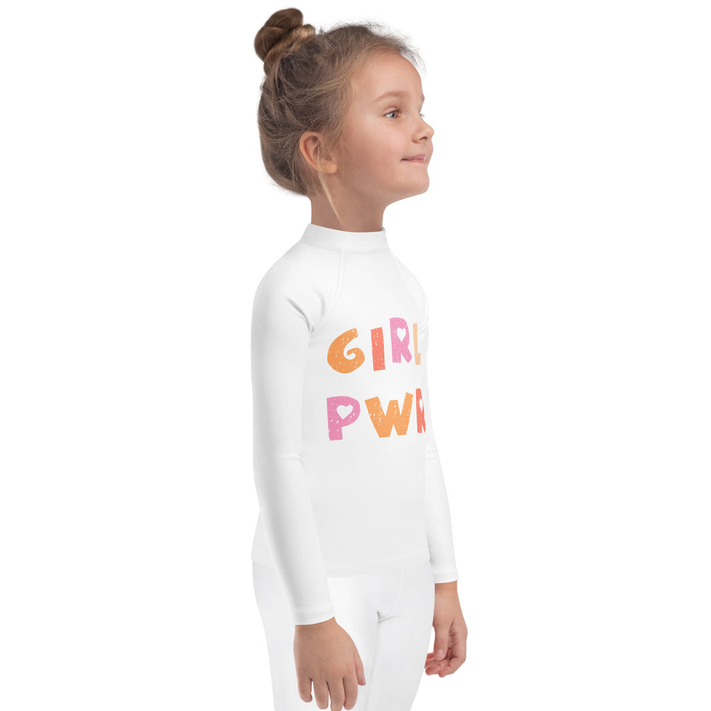 White long sleeve girl’s rash guard with colorful distressed girl pwr print and upf 50 plus sun protection