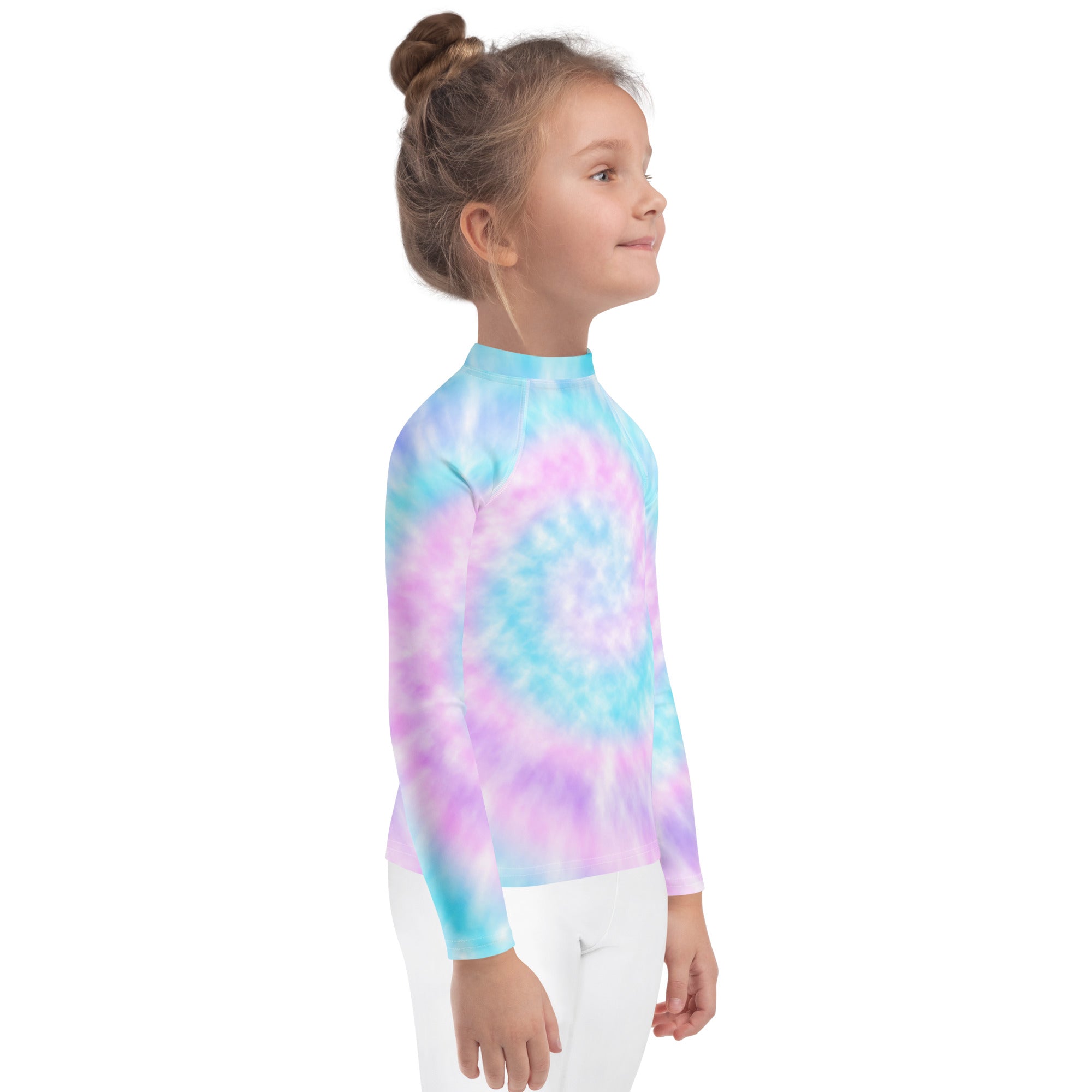 Girl tie dye long sleeve rash guard swim shirt with upf 50 plus in pastel blue pink and purple tie dye pattern