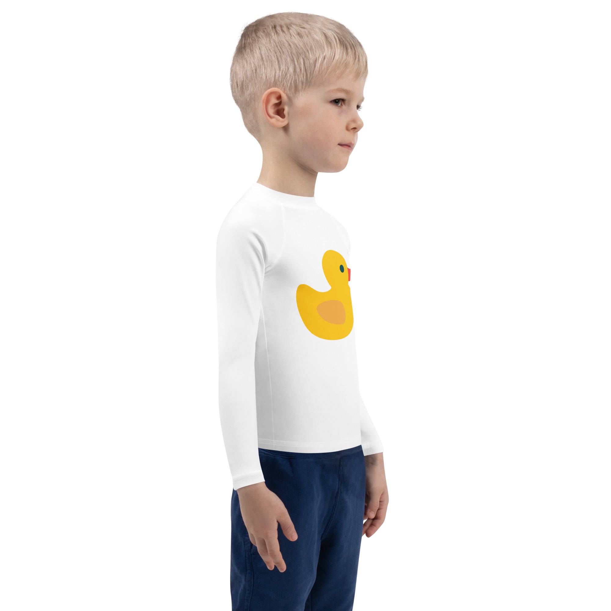 White long-sleeved kids rash guard swim shirt with bright yellow rubber duck graphic and UPF 50+ sun protection