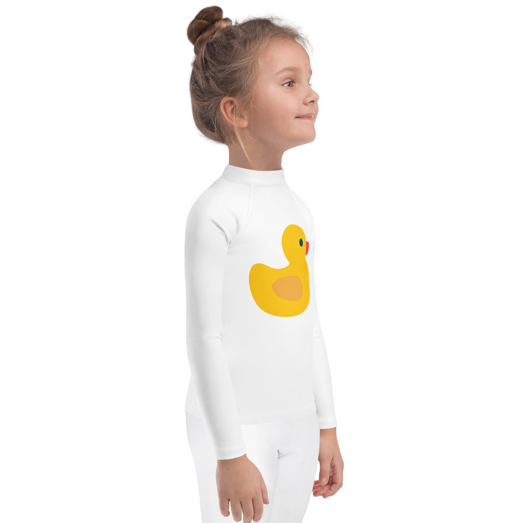 White long-sleeved kids rash guard swim shirt with yellow rubber duck graphic and UPF 50+ sun protection