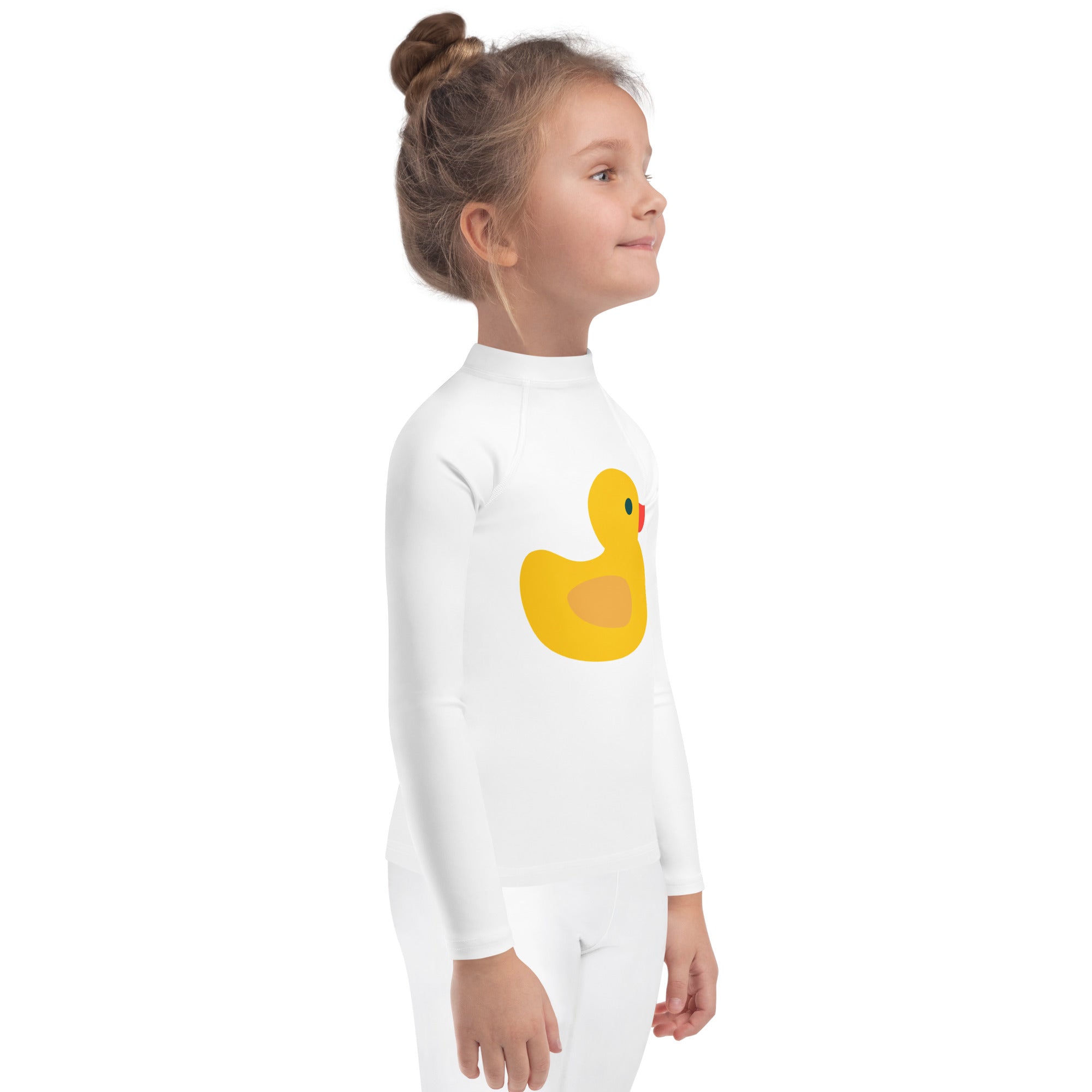 White long-sleeved kids rash guard swim shirt with yellow rubber duck graphic and UPF 50+ sun protection