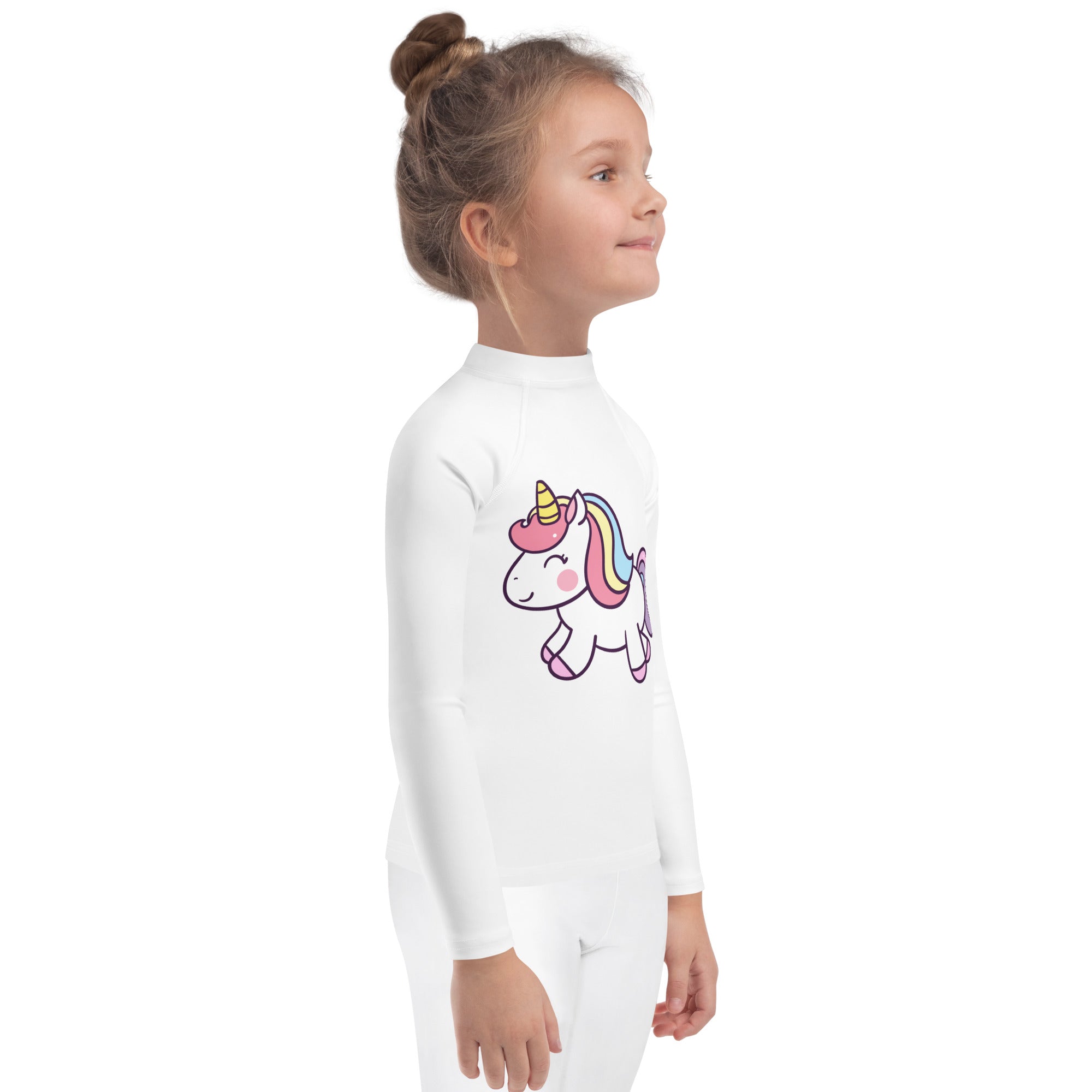 White long-sleeved girls unicorn rash guard swim shirt with colorful cartoon print and upf 50 plus protection