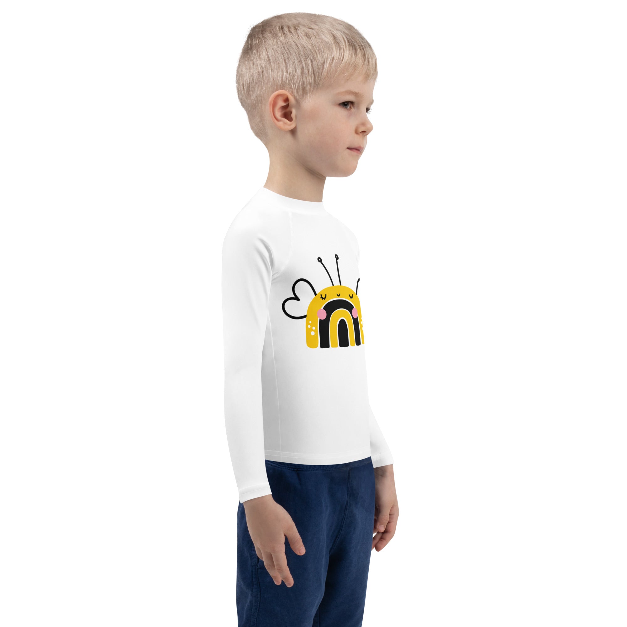 White kids long sleeve rash guard swim shirt with cheerful yellow and black bee design and upf 50 plus protection