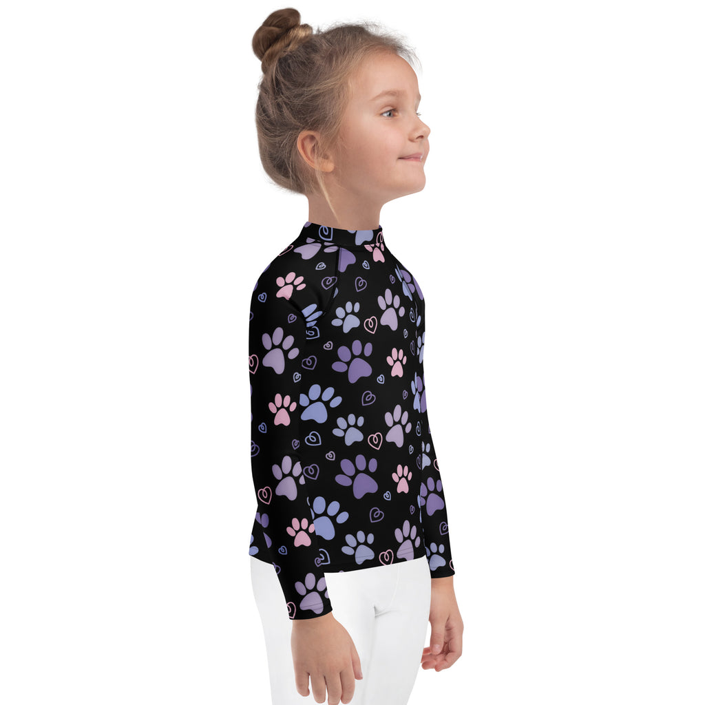 Girls purple and pink paw print long sleeve rash guard swim shirt with upf 50 black with pastel paw prints and hearts