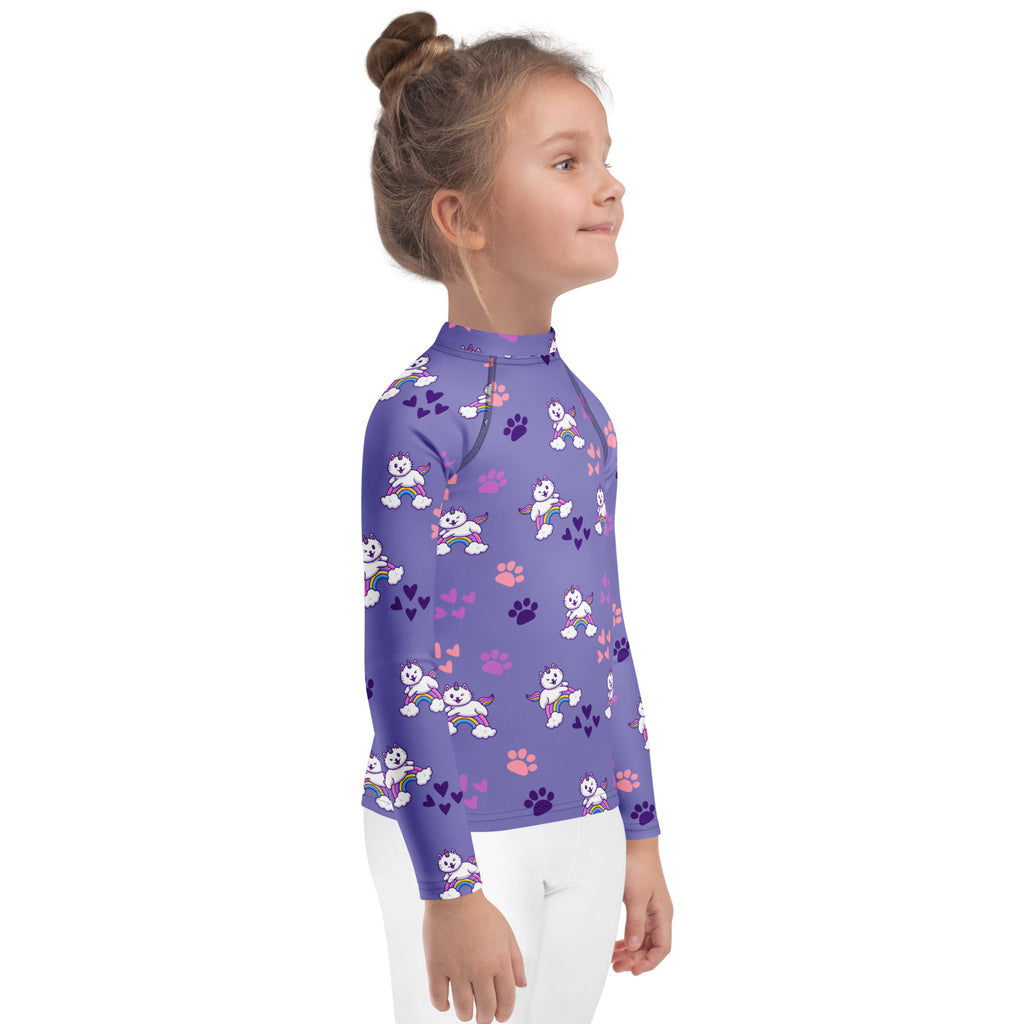 Girls purple caticorn long sleeve rash guard swim shirt with upf 50 plus featuring white dog and rainbow pattern