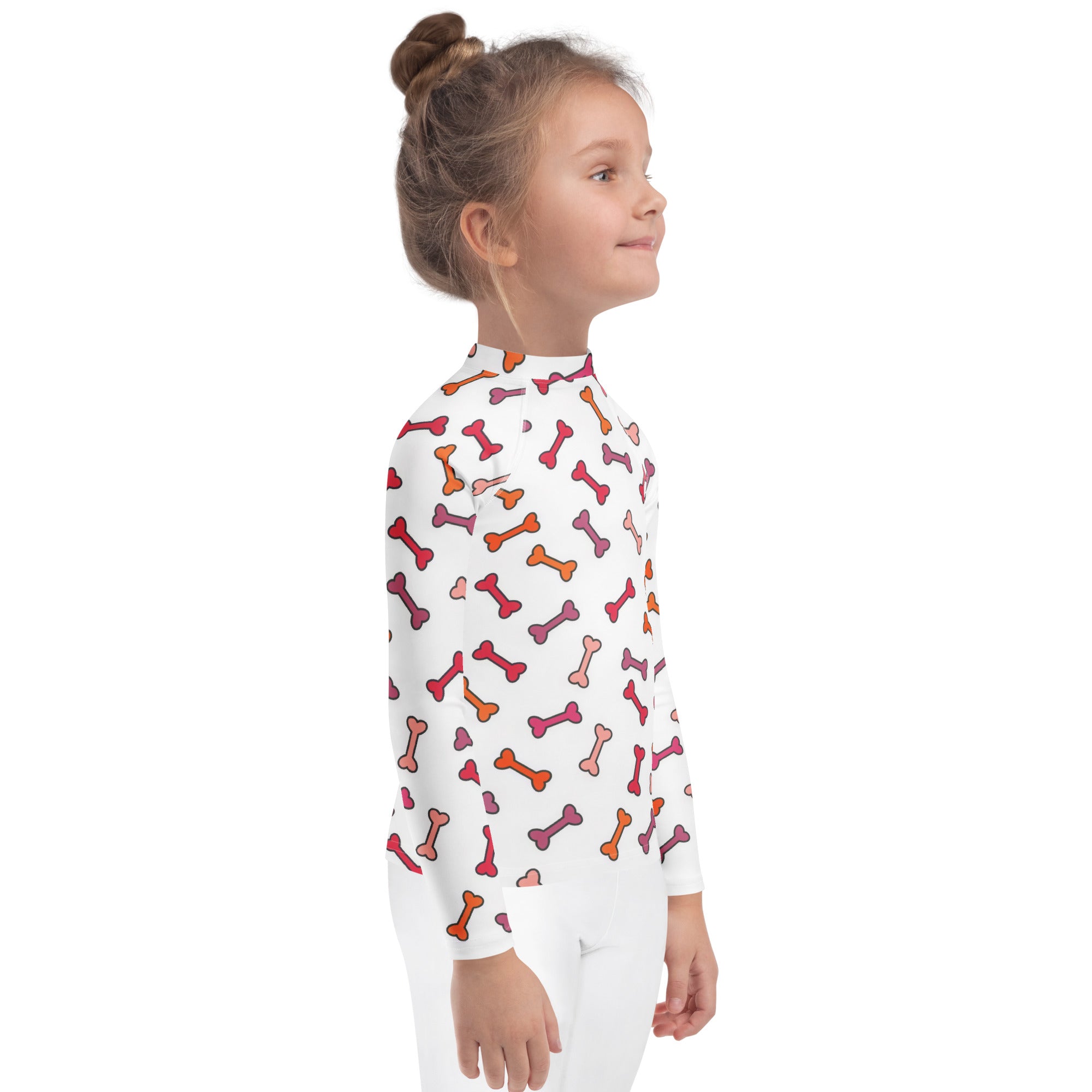 Kids dog bone long sleeve rash guard swim shirt with upf 50 plus white with multicolored cartoon bone pattern