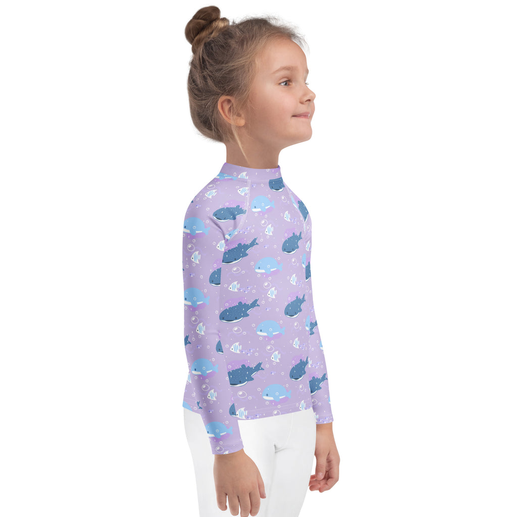 Girls purple whale shark long sleeve rash guard swim shirt with UPF 50 plus featuring blue whale and fish pattern