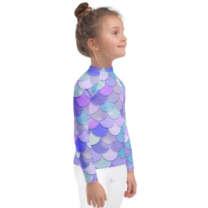 Girls Purple Mermaid Scales Long Sleeve Rash Guard Swim Shirt With UPF 50+