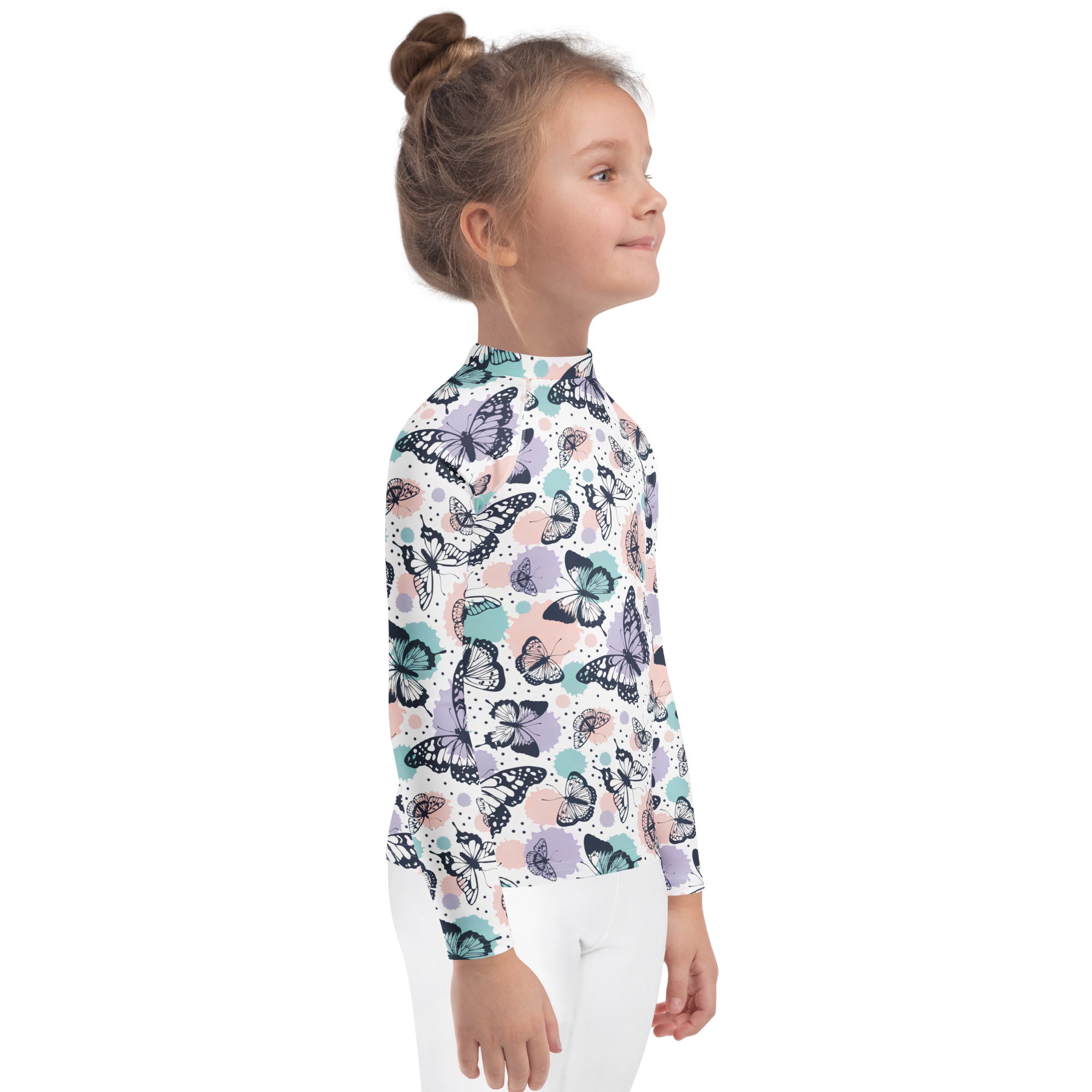 Girls butterfly long sleeve rash guard swim shirt with upf 50 plus featuring pastel butterfly pattern on white background