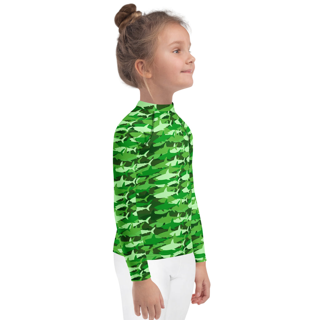 Kids green shark long sleeve rash guard swim shirt with UPF 50 plus for sun protection and water activities