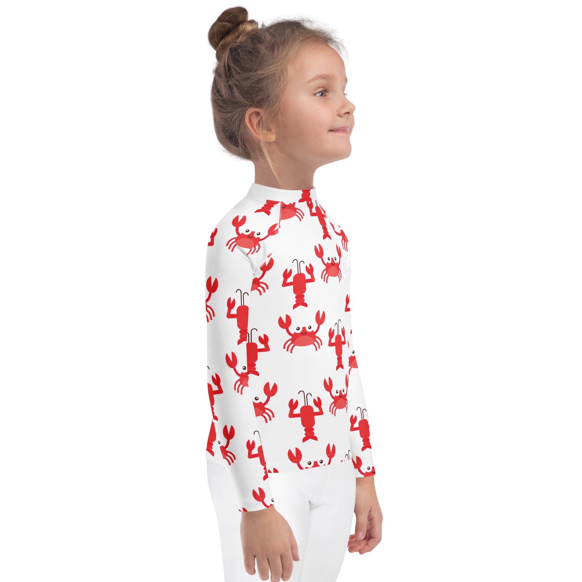 White long-sleeved kids rash guard swim shirt with red cartoon lobster prints and upf 50+ sun protection