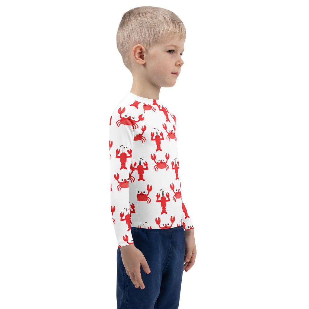 Kids white long sleeve rash guard swim shirt with red crab and lobster prints and UPF 50 plus sun protection