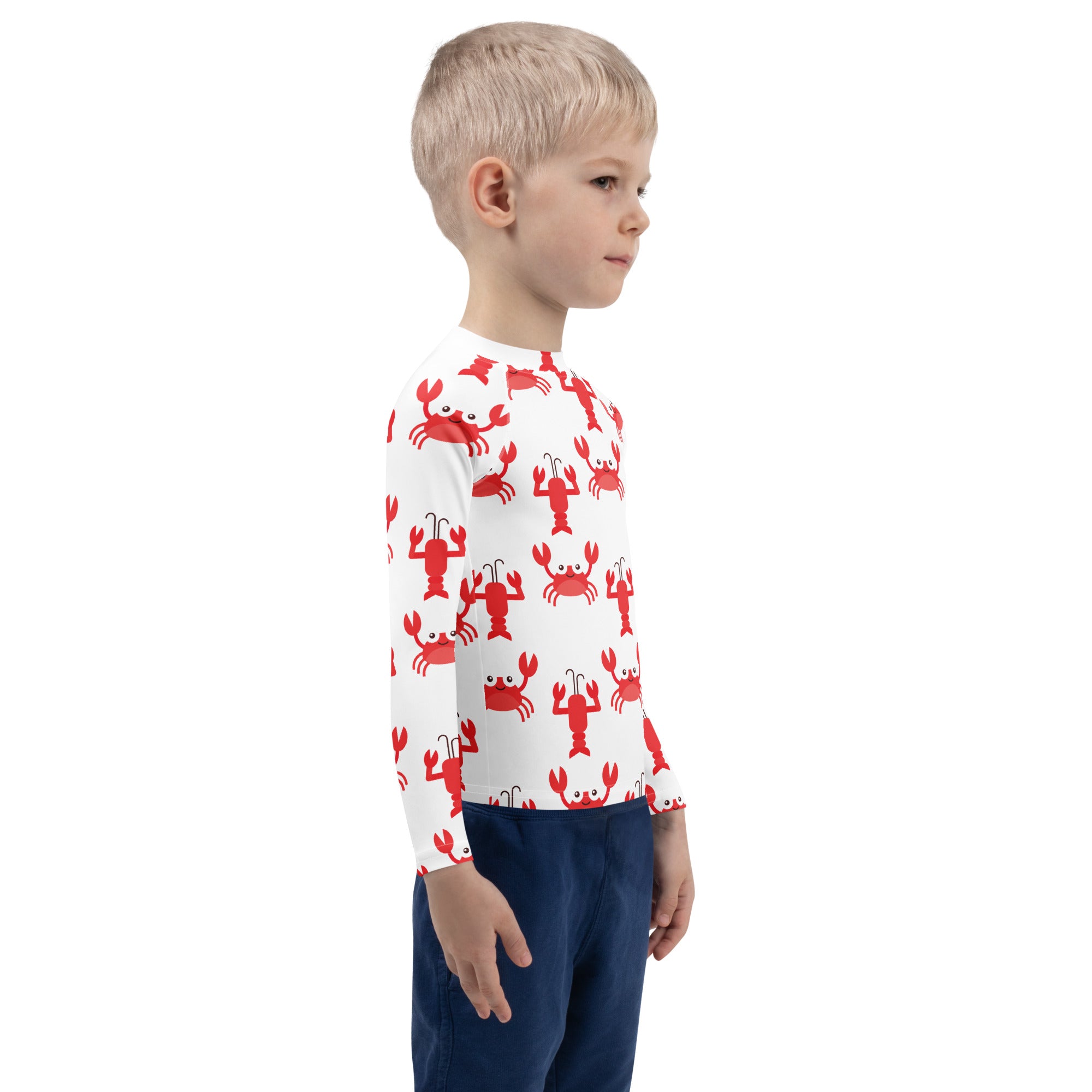 Kids white long sleeve rash guard swim shirt with red crab and lobster prints and UPF 50 plus sun protection