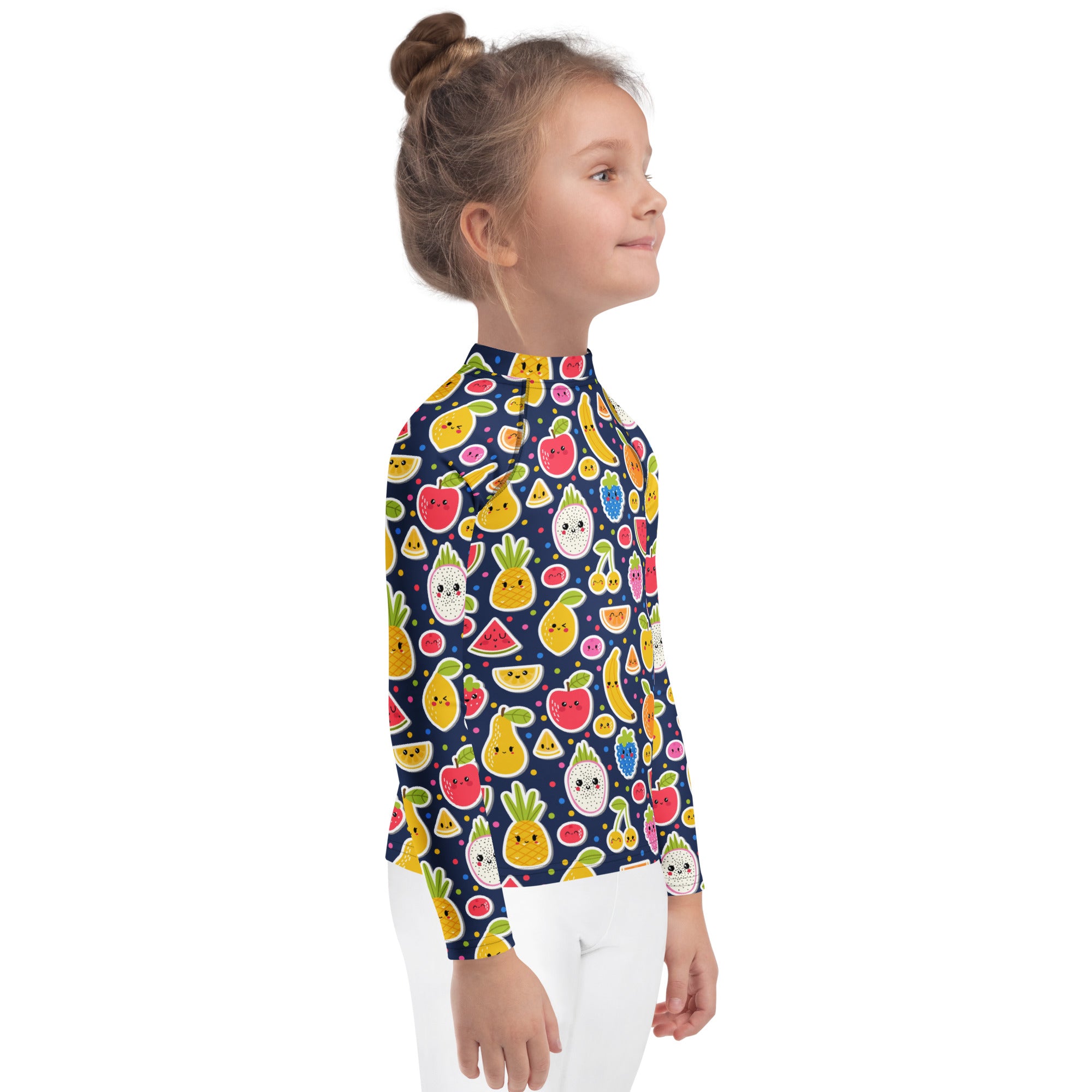 A navy blue kids emoji fruit long sleeve rash guard swim shirt with colorful cartoon fruits and UPF 50 plus protection