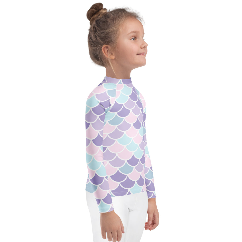 Girls mermaid scale long sleeve rash guard swim shirt with upf 50 plus in pastel lavender mint and blush pink pattern