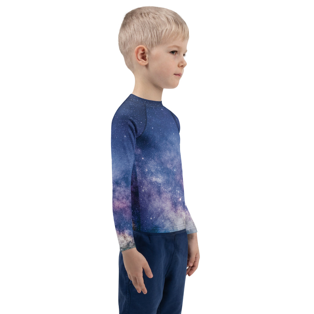 Kids realistic galaxy long sleeve rash guard swim shirt with upf 50 plus in blue and purple galaxy print