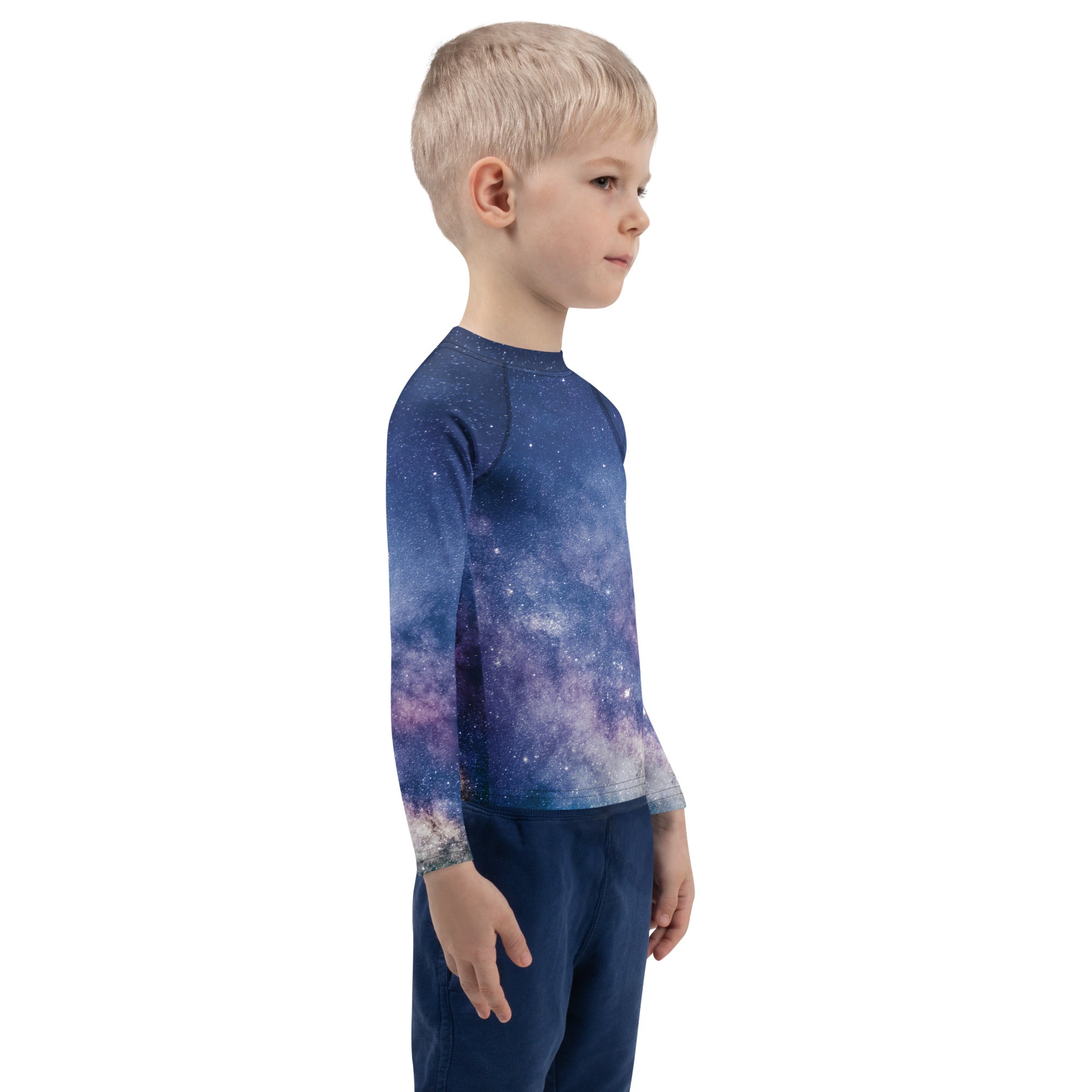 Kids realistic galaxy long sleeve rash guard swim shirt with upf 50 plus in blue and purple galaxy print