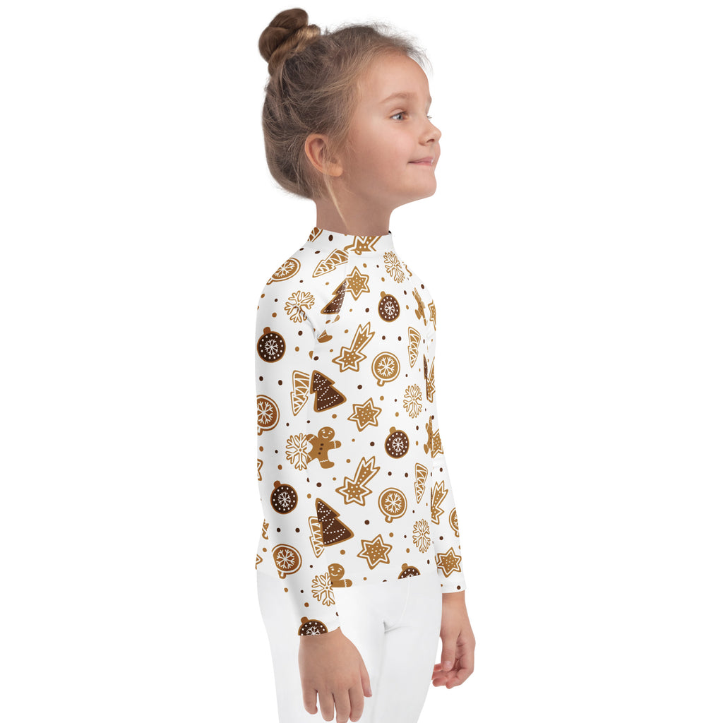 Kids gingerbread cookies christmas long sleeve rash guard swim shirt with upf 50 plus in white with festive cookie pattern